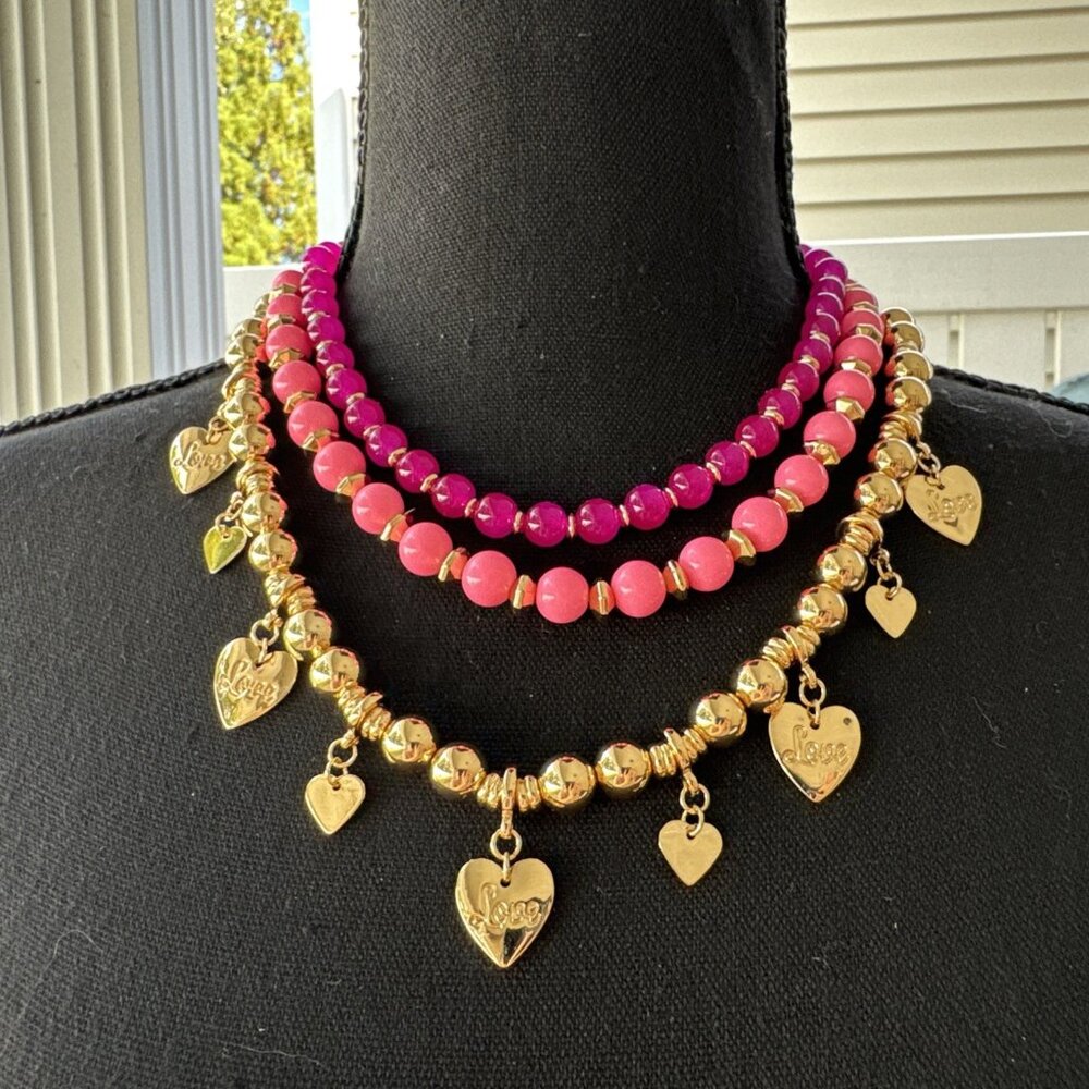 Lilly Pulitzer 3 Strand Pink Beads Gold Hearts Statement Necklace NEW w Bag